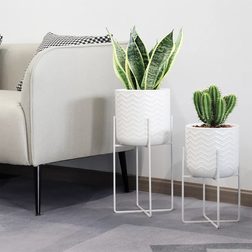 Set of 2 Planters With Stand 17&12 (Bright White)